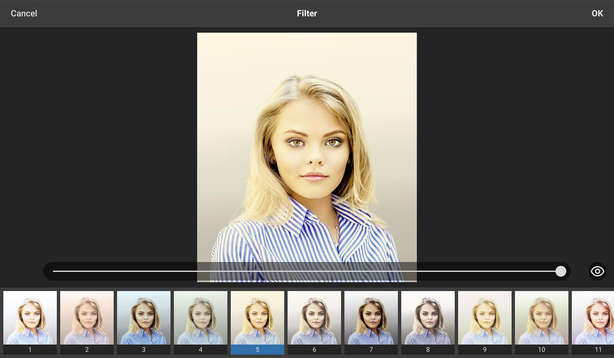 30 photo filters with adjustable intensity